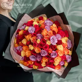 101 роза 40 см микс в ярких тонах Premium