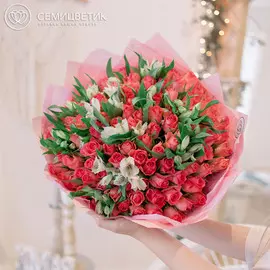 101 розовая роза Standart 40 см и 10 альстромерий