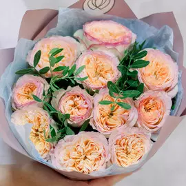 11 персиковых пионовидных роз Flash Back с фисташкой
