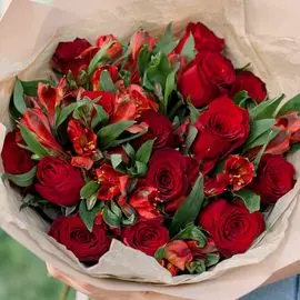 15 красных роз (Кенийская) Standart и 7 красных альстромерий