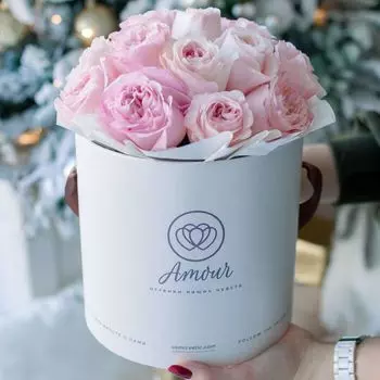 17 пионовидных розовых роз Keira в шляпной коробке Amour Mini