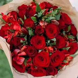 25 красных роз (Кенийская) Standart и 7 красных альстромерий