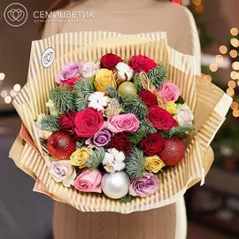 25 роз микс Premium с елью, корицей и хлопком