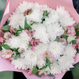 3 белых кустовых хризантем и 10 розовых альстромерий