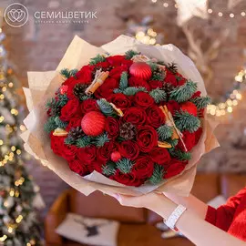 51 красная роза Premium с елью и корицей