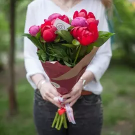 7 пионов красно-розовых микс Standart