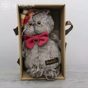 Басик в красном клетчатом берете с бантом из флиса