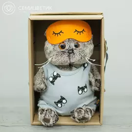 Басик в сером комбинезоне и маске для сна