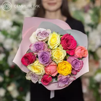 Букет из 15 роз микс 40 см Premium в дизайнерской пленке