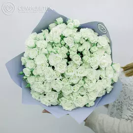 Букет из 51 белой кустовой розы Snowflake 40 см в дизайнерской пленке
