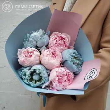 Букет из 7 голубых и розовых пионов