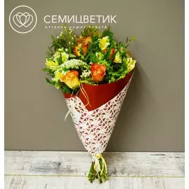 Букет из пионовидных роз, альстромерии и трахелиума