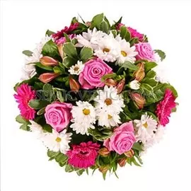 Букет из розы Аква, герберы мини, хризантемы кустовой и альстромерии