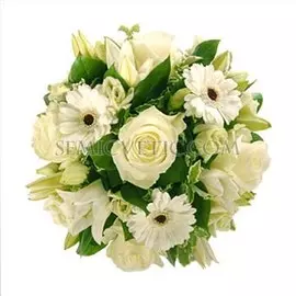 Букет из розы Вайт Наоми, герберы и лилии с зеленью