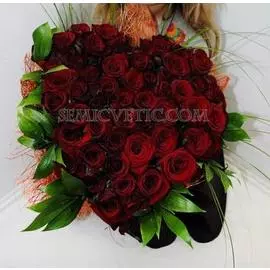 Букет сердце из 51 розы Ред Наоми 60 см с зеленью