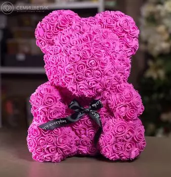 Мишка из роз малиновый с бантиком 40 см