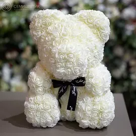 Мишка из роз с бантиком белый 40 см
