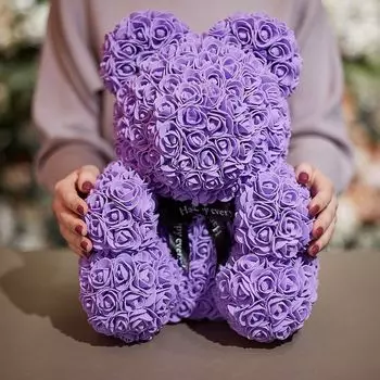 Мишка из роз сиреневый с бантиком 40 см