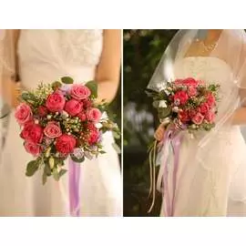 Свадебный букет из пионовидной розы, лизиантуса и брунии