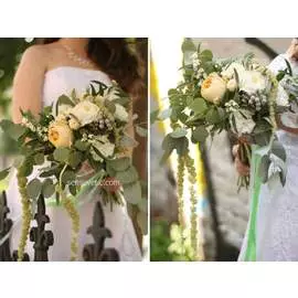 Свадебный букет из пионовидных роз, амаранта и брунии