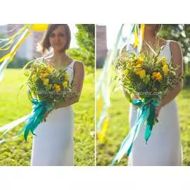 Свадебный букет из тюльпанов, фрезии и паникумграсса