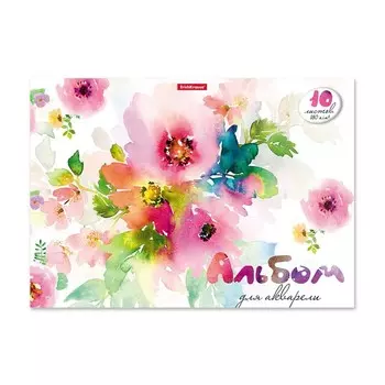 Альбом для акварели А4, 10 листов, блок 180 г/м, на клею, ErichKrause "Цветочная акварель", экстра белая, твердая подложка