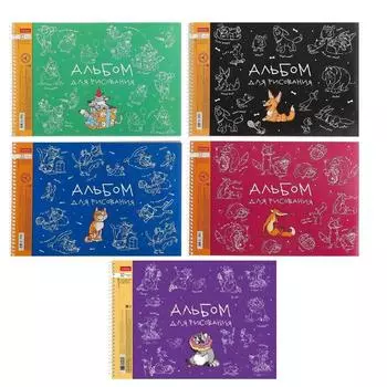 Альбом для рисования А4, 32 листа, на гребне, "Забавные животные", обложка мелованный картон, тиснение, блок 100 г/м, МИКС