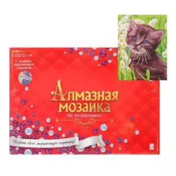 Алмазная мозаика 22х32 c подрамником, с полным заполнением, 16 цветов «Котёнок в поле ромашек»