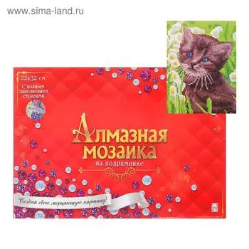 Алмазная мозаика 22х32 c подрамником, с полным заполнением, 16 цветов «Котёнок в поле ромашек»