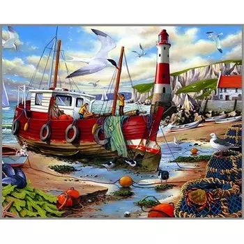 Алмазная мозаика без подрамника «Рыбацкий баркас» 50 40 см, 39 цветов