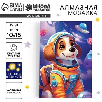 Алмазная мозаика для детей со светящимися стразами «Щенок в космосе», 10 х 15 см, набор для творчества