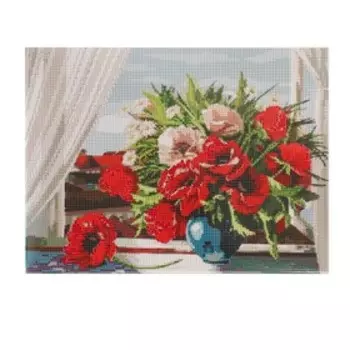 Алмазная мозаика на подрамнике с полным заполнением «Маки на окне», 30х40см