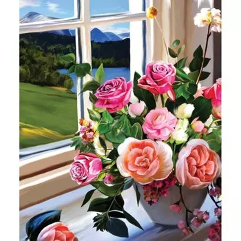 Алмазная мозаика с частичным заполнением «Букет на окне» 40х50 см, на подрамнике
