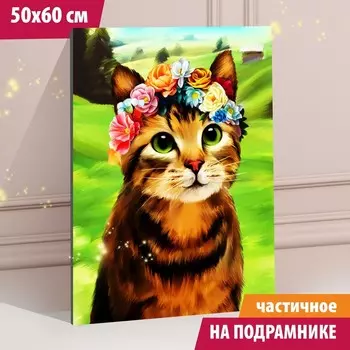 Алмазная мозаика с частичным заполнением на подрамнике «Кот в венке», 50 x 60 см