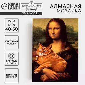 Алмазная мозаика с полным заполнением на холсте «Мона Лиза с котом», 40 х 50 см