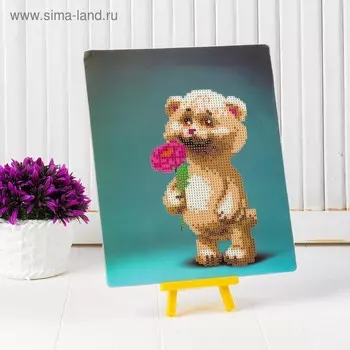 Алмазная вышивка с частичным заполнением "Мишка с цветочком" с подставкой, размер картины: 21 × 25 см