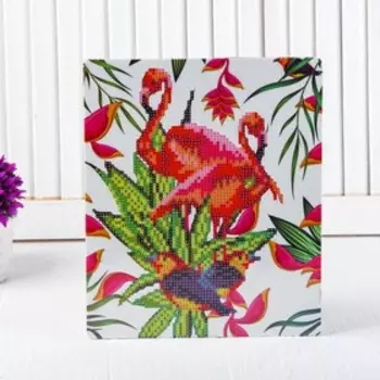 Алмазная вышивка с частичным заполнением «Пара фламинго с птичками», с подставкой, размер картины: 21 × 25 см