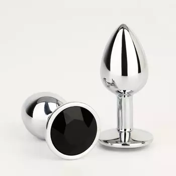 Анальная пробка серебряная, кристалл черный, d=28 мм