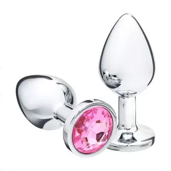 Анальная пробка серебряная, кристалл розовый, d=34 мм