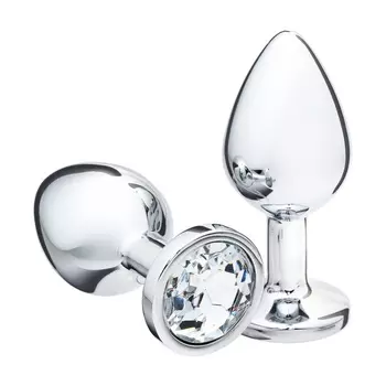 Анальная пробка серебряная, кристалл прозрачный, d=34 мм