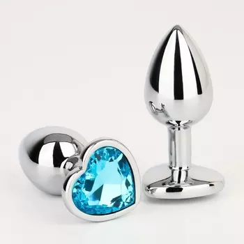 Анальная пробка серебряная, кристалл голубой, в форме сердца, D = 28 мм