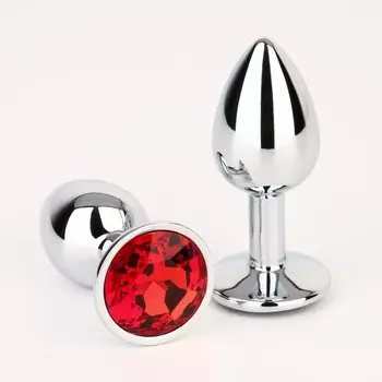 Анальная пробка серебряная, кристалл красный, D = 28 мм