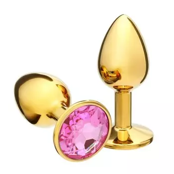 Анальная пробка Оки-Чпоки, золотая, кристалл розовый, D = 27 мм