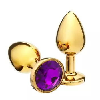 Анальная пробка Оки-Чпоки, золотая, кристалл тёмно-фиолетовый, D = 33 мм