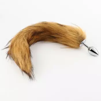 Анальная пробка с мехом, втулка серебряная 28 мм, хвост 400 мм, каштановый
