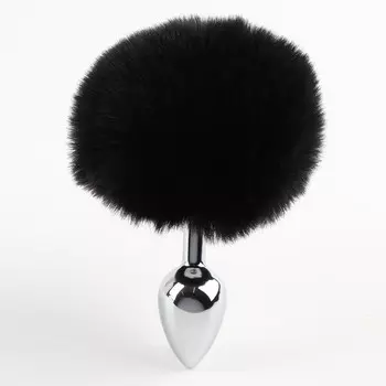 Анальная пробка с пушком, втулка серебряная 28 мм, хвост 90 мм, чёрный