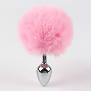 Анальная пробка с пушком, втулка серебряная 28 мм, хвост 90 мм, розовый