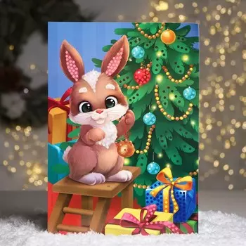 Аппликация стразами «Зайка с ёлкой»