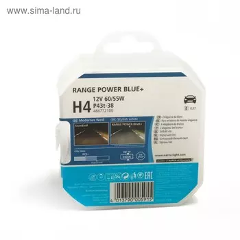 Автолампа NARVA +30% RANGE POWER BLUE,H4 P43t-38, 12 В, 60/55 Вт, 48677 RPB S2, 2шт.
