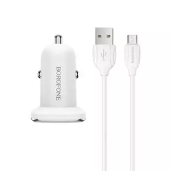 Автомобильное зарядное устройство Borofone BZ12, 2xUSB, 2.4 А, кабель microUSB, белое